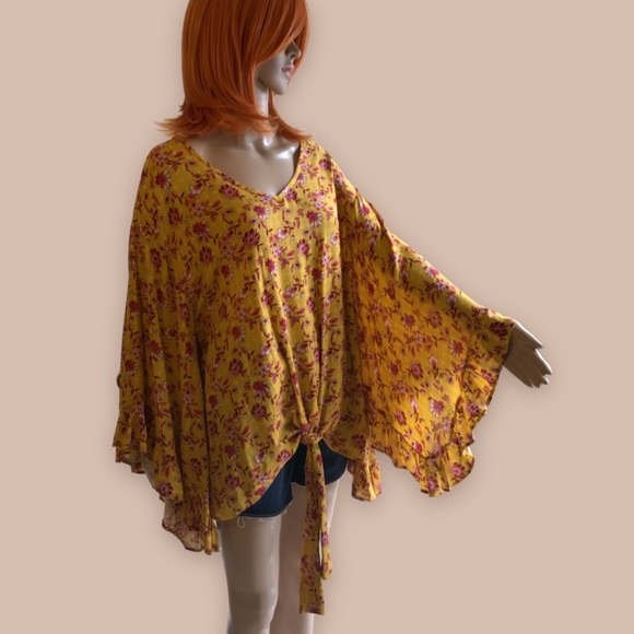 HPx2 Mustard Red Floral Tunic Relaxed Fit Ruffle Butterfly Sleeves Tie Waist SML - Picture 6 of 16